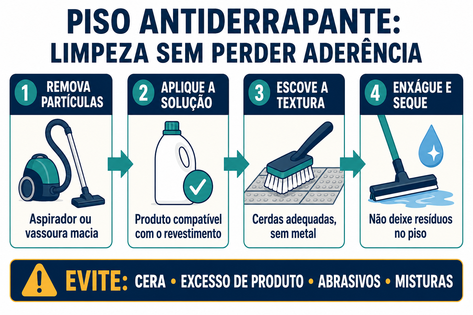 Infográfico mostrando os passos da limpeza de piso antiderrapante.