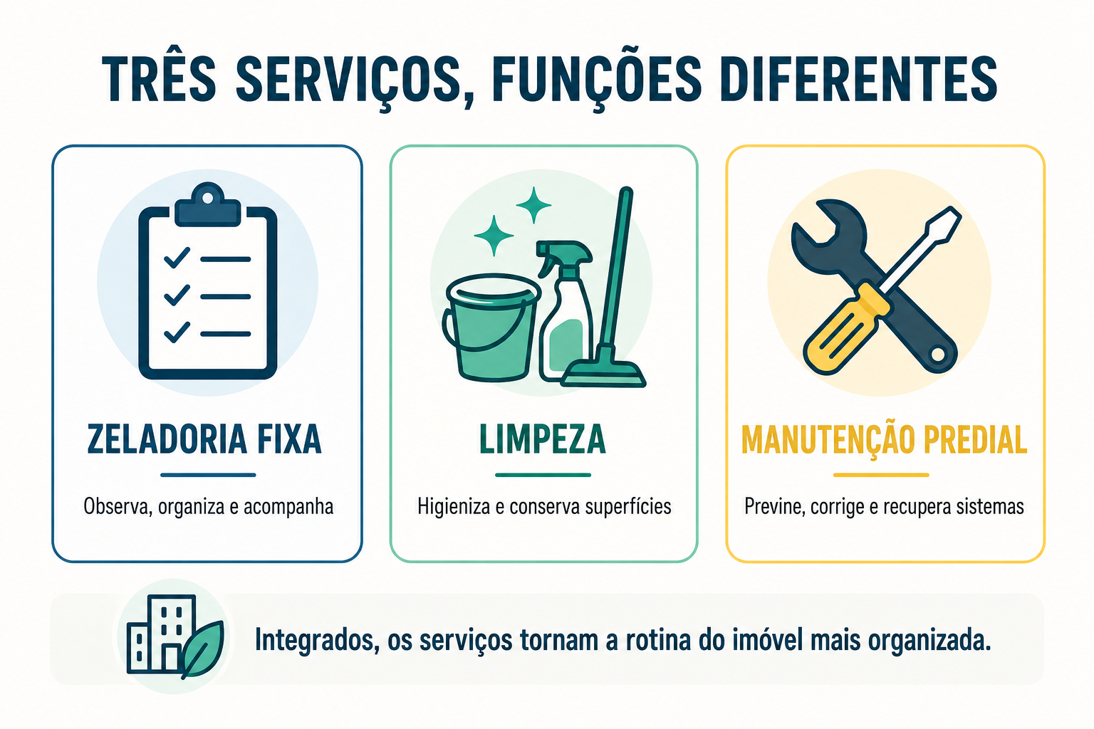 Infográfico mostrando as diferenças entre zeladoria, limpeza e manutenção predial.